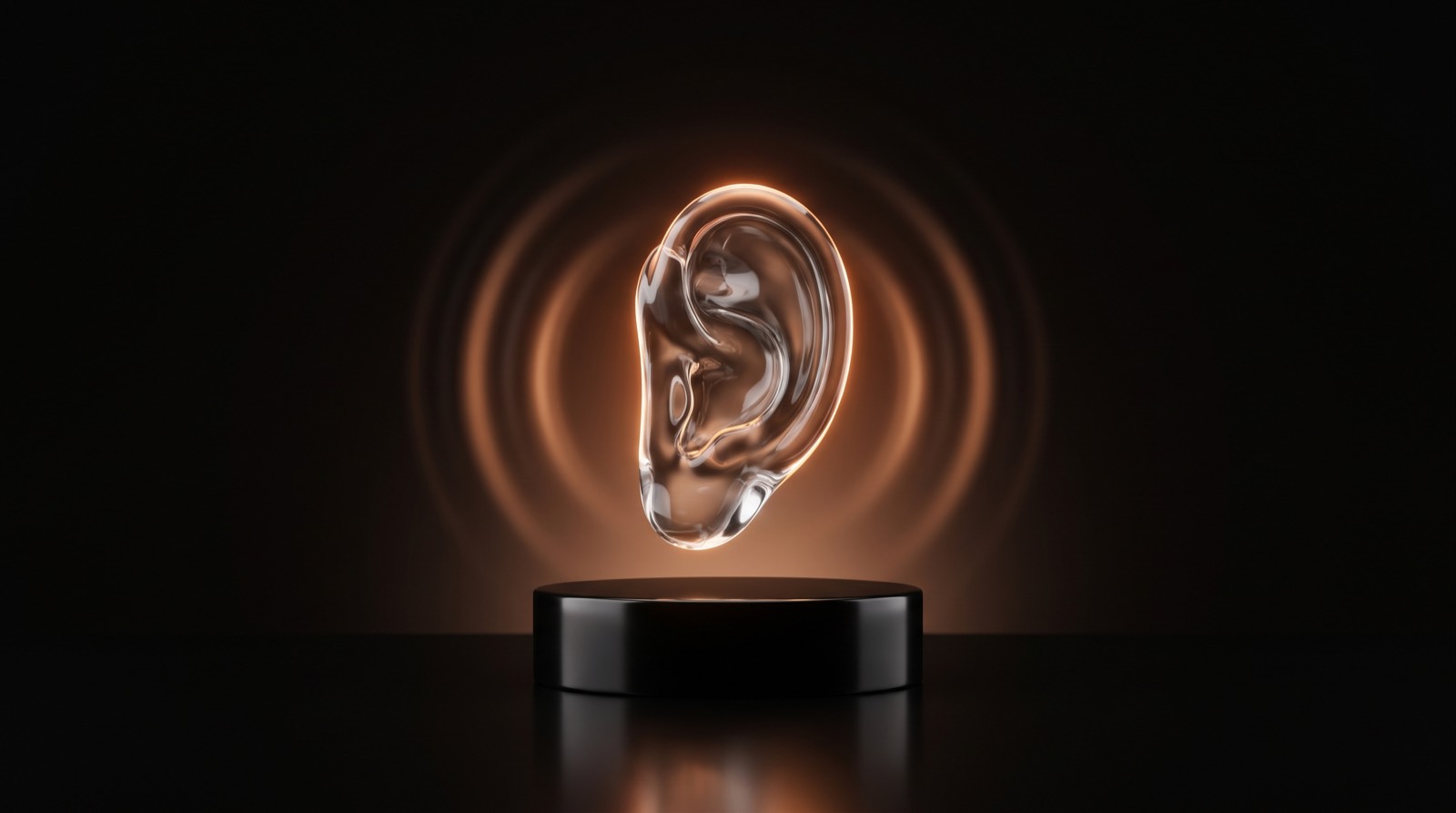 Escultura de oreja de cristal representando escucha activa